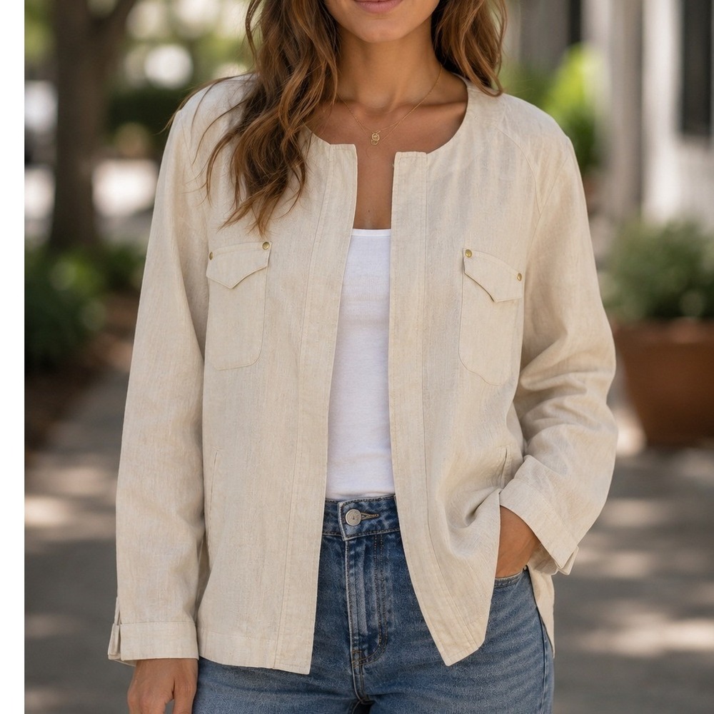 New Directions Petite Linen Blend Utility Jacket Beige Sz PXL Collarless Safari